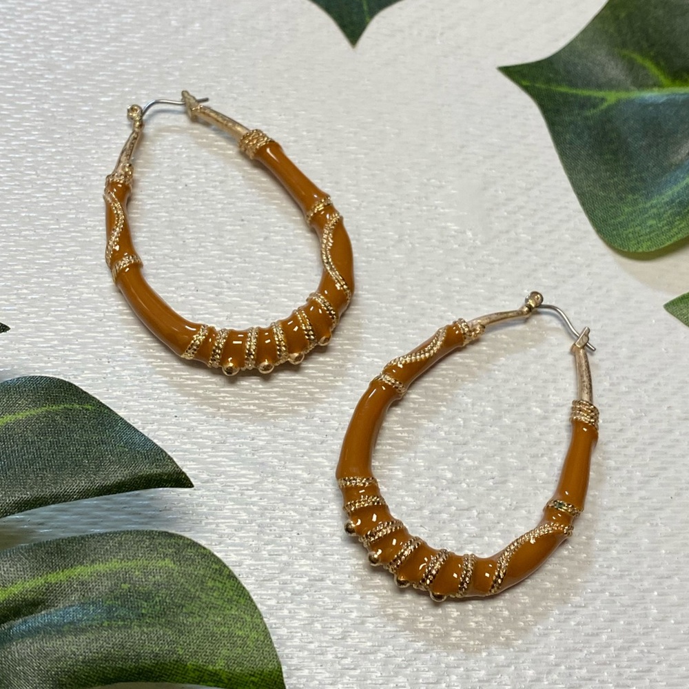 VTG Gold Plated Brown Enamel Hoop Earrings EUC